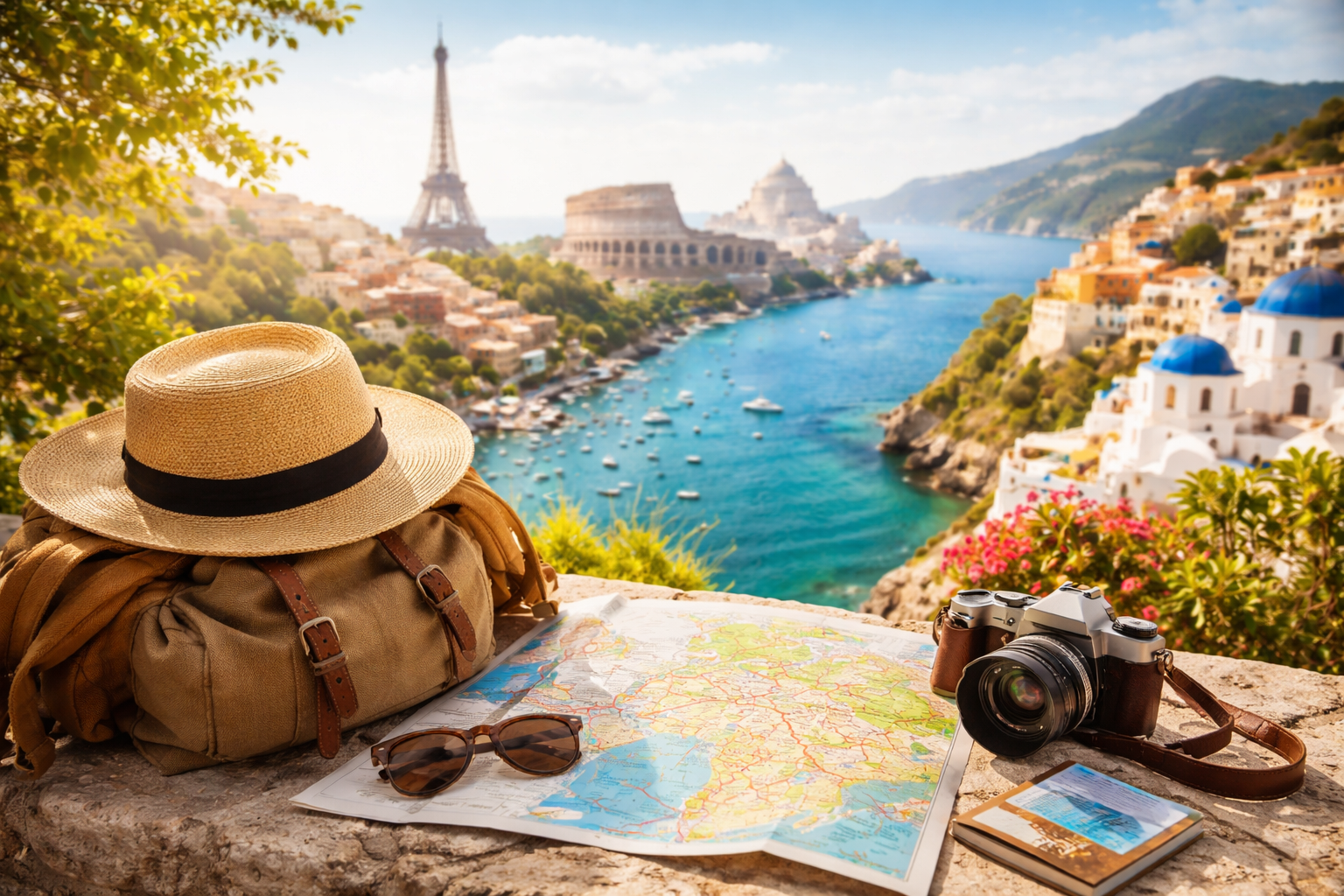 Reiseutensilien wie Rucksack, Hut, Kamera und Landkarte liegen auf einer Terrasse mit Blick auf eine mediterrane Küstenlandschaft und europäische Wahrzeichen.
