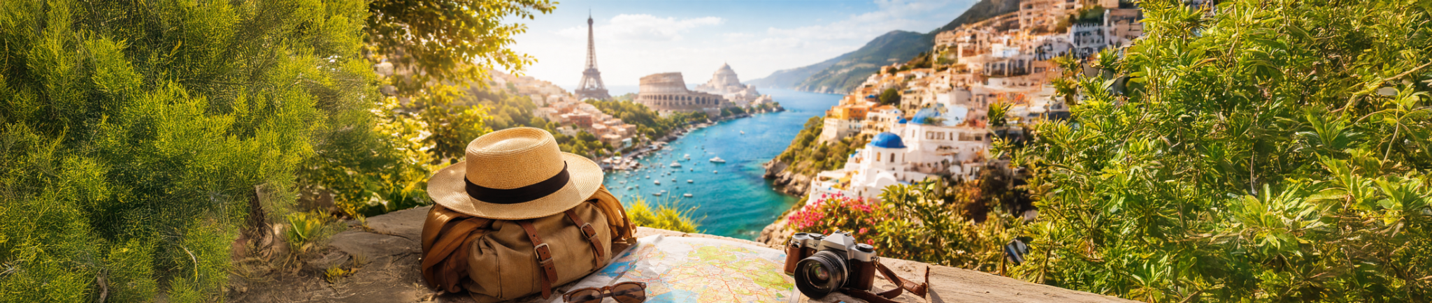 Reiseutensilien wie Rucksack, Hut, Kamera und Landkarte liegen auf einer Terrasse mit Blick auf eine mediterrane K&uuml;stenlandschaft und europ&auml;ische Wahrzeichen.