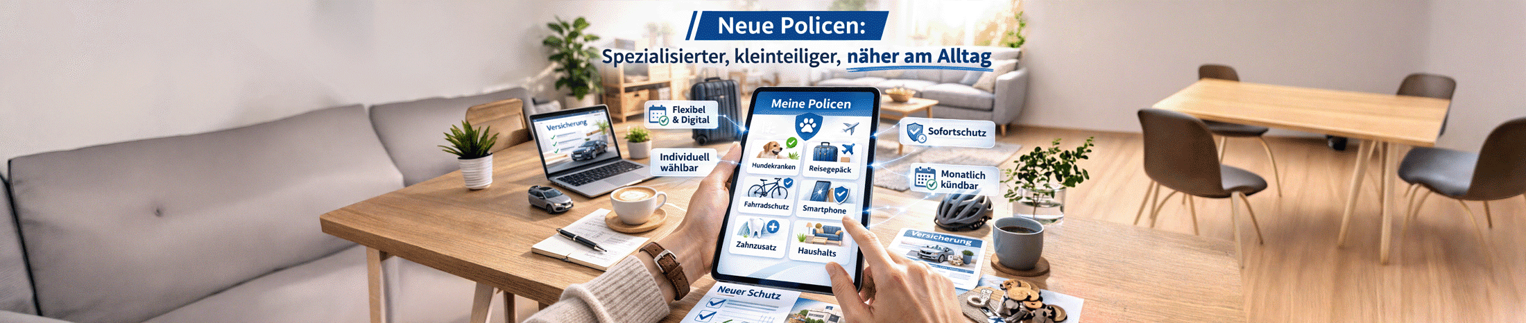 Person nutzt ein Tablet mit verschiedenen individuell wählbaren Versicherungsoptionen in einer modernen Wohnumgebung.