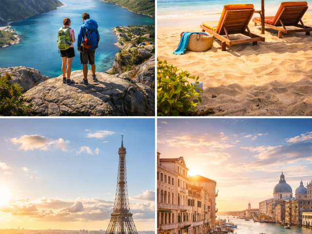 Collage aus vier Reiseszenen mit Berglandschaft, Strandurlaub, sonnigem St&auml;dtetrip und einer europ&auml;ischen Wasserstadt bei Abendlicht.