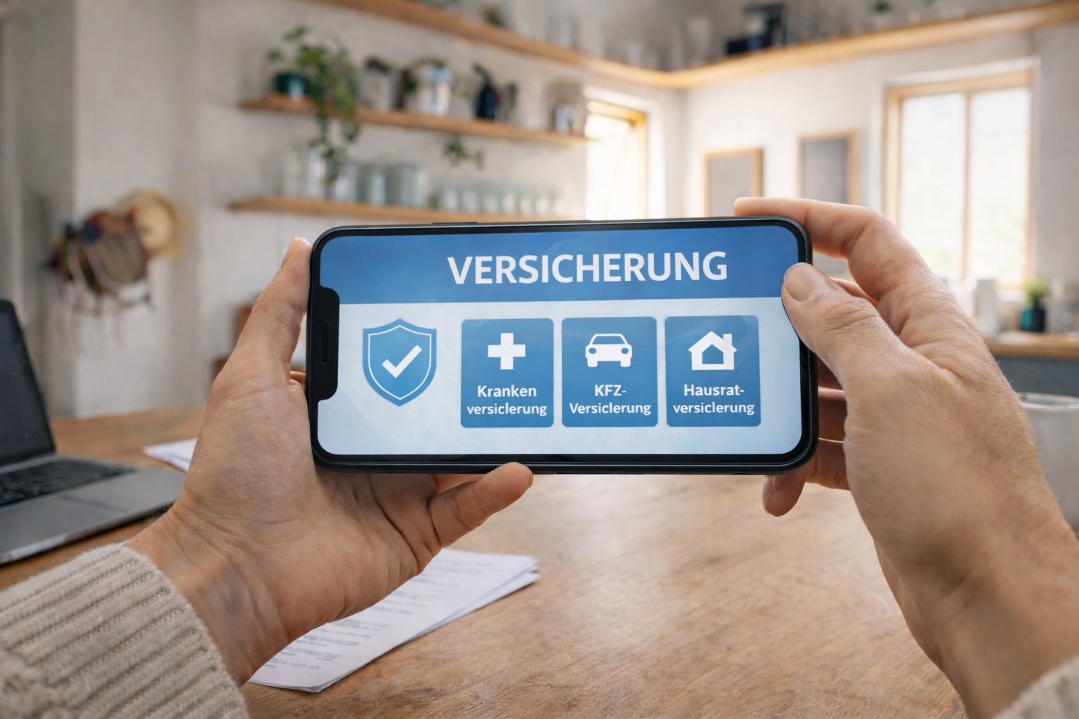 Person hält ein iPhone im Querformat mit der Anzeige „Versicherung“ sowie Icons für Krankenversicherung, KFZ-Versicherung und Hausratversicherung in einer hellen Wohnumgebung