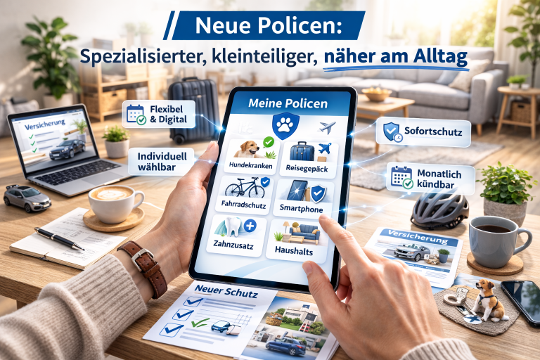 Person nutzt ein Tablet mit verschiedenen individuell wählbaren Versicherungsoptionen in einer modernen Wohnumgebung.