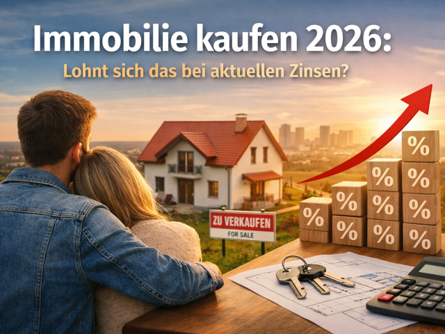 Paar blickt auf Einfamilienhaus mit Verkaufsschild, daneben Zinsgrafik und Finanzsymbole zum Thema Immobilie kaufen 2026