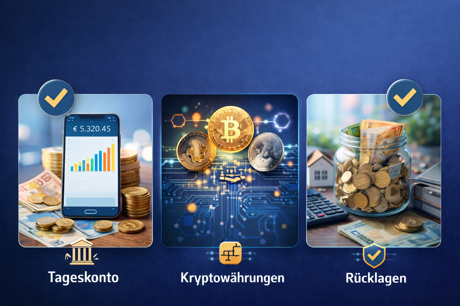Infografik mit drei Finanzbereichen: Tageskonto mit Smartphone und Diagramm, Kryptow&auml;hrungen mit digitalen Coins und R&uuml;cklagen mit Sparglas voller Geld.