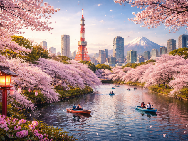 Kirschblüten entlang eines Flusses in Japan mit Booten, Tokyo Tower und Berg im Hintergrund.