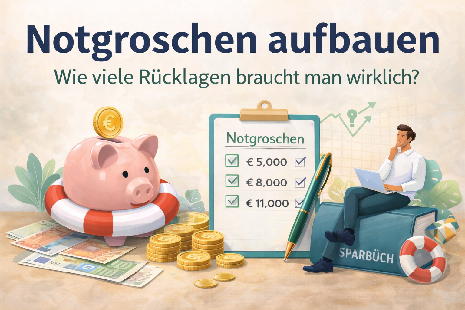 Illustration zum Notgroschen: Sparschwein mit Münzen, Checkliste für Rücklagen und Person mit Laptop symbolisieren finanzielle Planung und Sicherheit