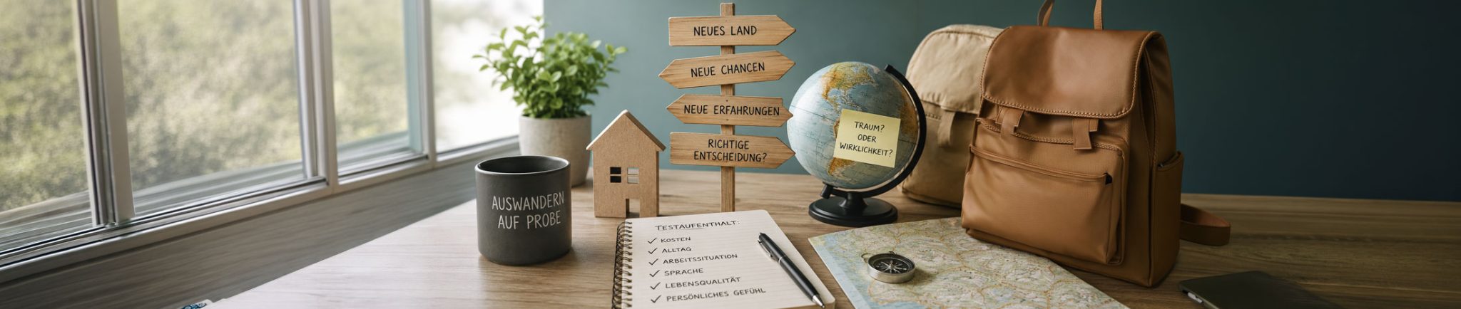 Warmes Titelbild zum Thema „Auswandern auf Probe“ mit Notizbuch, Weltkarte, Kompass, Kaffeebecher, Strohhut und Reiseaccessoires auf einem Holztisch.
