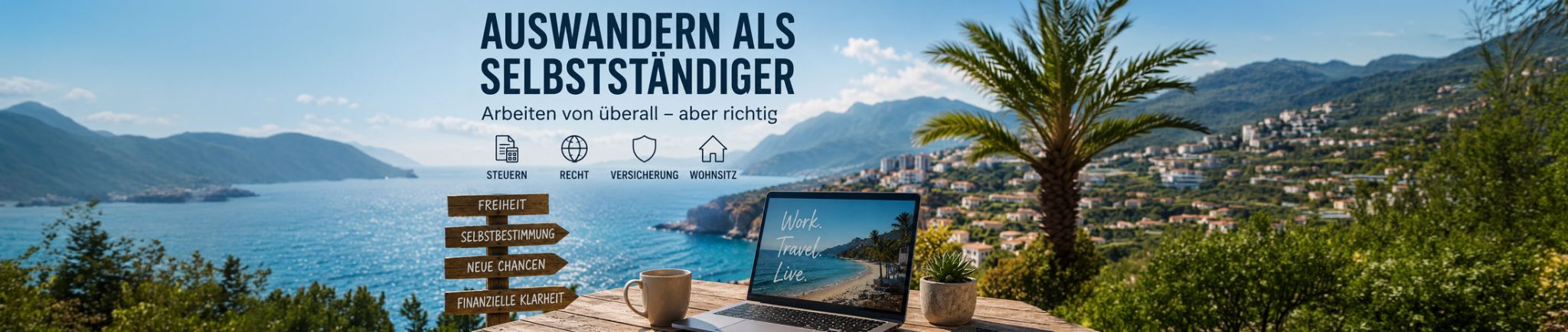 Helles mediterranes Homeoffice mit Meerblick: Auf einem Holztisch liegen Laptop, Unterlagen, Notizbuch, Taschenrechner, Reisepass, Schl&uuml;ssel und eine Karte von Zypern, im Hintergrund stehen ein offener Koffer und eine sonnige Terrasse.