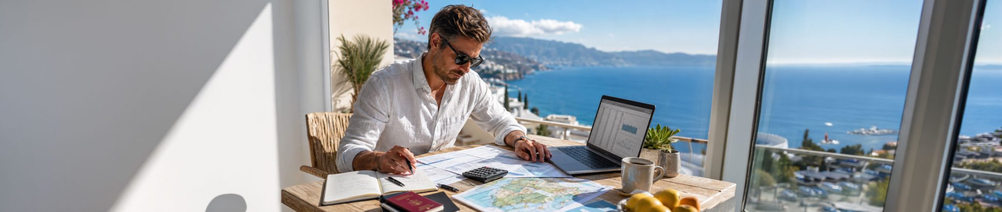 Helles mediterranes Homeoffice mit Meerblick: Auf einem Holztisch liegen Laptop, Unterlagen, Notizbuch, Taschenrechner, Reisepass, Schl&uuml;ssel und eine Karte von Zypern, im Hintergrund stehen ein offener Koffer und eine sonnige Terrasse.
