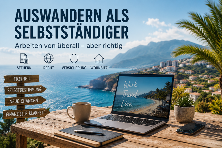Helles mediterranes Homeoffice mit Meerblick: Auf einem Holztisch liegen Laptop, Unterlagen, Notizbuch, Taschenrechner, Reisepass, Schl&uuml;ssel und eine Karte von Zypern, im Hintergrund stehen ein offener Koffer und eine sonnige Terrasse.