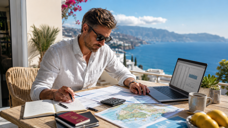 Helles mediterranes Homeoffice mit Meerblick: Auf einem Holztisch liegen Laptop, Unterlagen, Notizbuch, Taschenrechner, Reisepass, Schl&uuml;ssel und eine Karte von Zypern, im Hintergrund stehen ein offener Koffer und eine sonnige Terrasse.