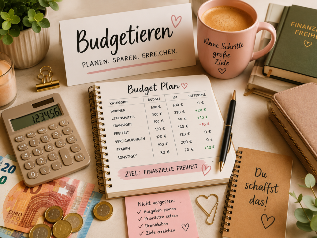 Offenes Budget-Notizbuch auf einem Holztisch mit Einnahmen, Ausgaben und Diagramm, daneben Taschenrechner, Euro-Scheine, Münzen, Kaffeetasse, Pflanze, Stift und Notizzettel.