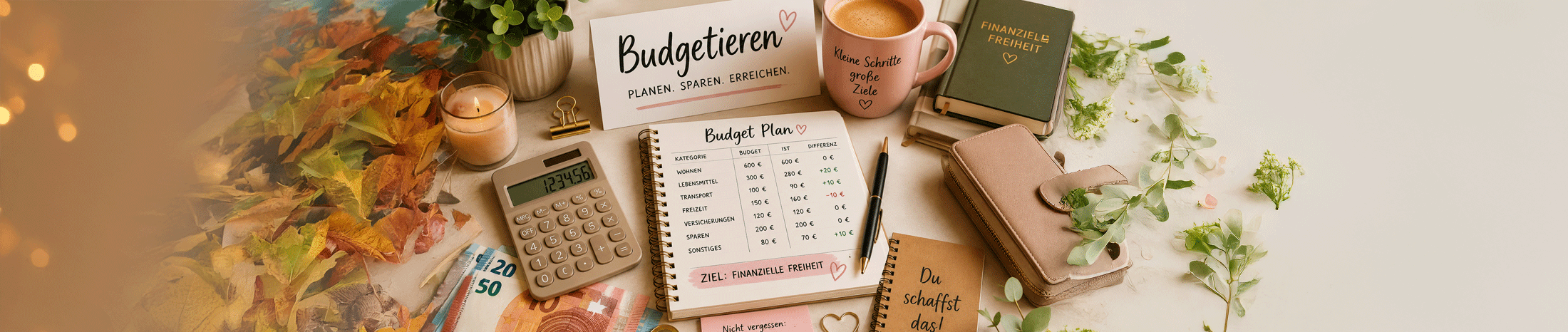 Offenes Budget-Notizbuch auf einem Holztisch mit Einnahmen, Ausgaben und Diagramm, daneben Taschenrechner, Euro-Scheine, Münzen, Kaffeetasse, Pflanze, Stift und Notizzettel.