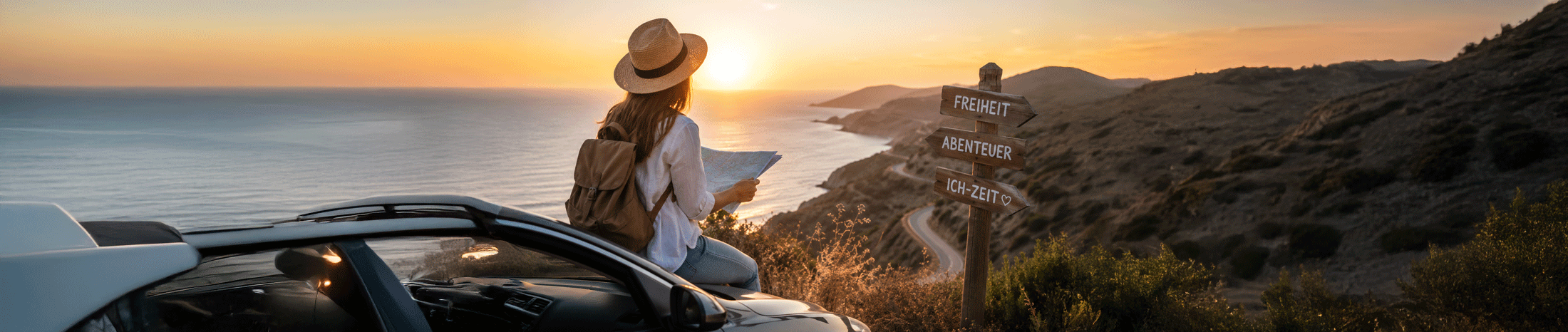 Frau sitzt bei Sonnenuntergang auf einem Auto an einer Küstenstraße, hält eine Karte in der Hand und blickt auf das Meer. Daneben steht ein Holzschild mit den Worten Freiheit, Abenteuer und Ich-Zeit.