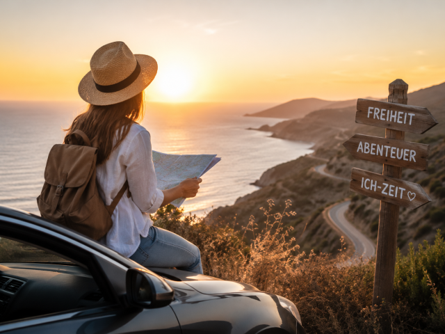 Frau sitzt bei Sonnenuntergang auf einem Auto an einer Küstenstraße, hält eine Karte in der Hand und blickt auf das Meer. Daneben steht ein Holzschild mit den Worten Freiheit, Abenteuer und Ich-Zeit.
