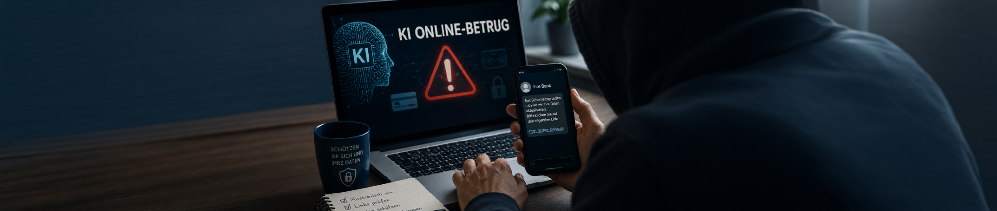 Vermummte Person sitzt mit Smartphone und Laptop an einem Tisch; auf dem Bildschirm steht „KI Online-Betrug“ und warnt vor digitalem Betrug.