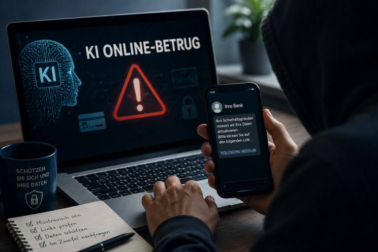 Vermummte Person sitzt mit Smartphone und Laptop an einem Tisch; auf dem Bildschirm steht „KI Online-Betrug“ und warnt vor digitalem Betrug.