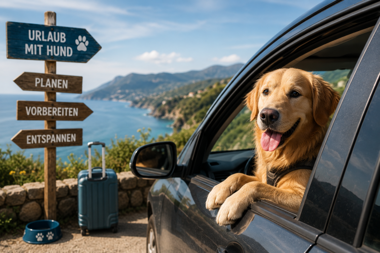 Hund schaut während einer Reise mit dem Auto aus dem Fenster an einer sonnigen Küstenstraße.