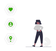 private-insurance Illustration einer Frau mit dunklen Haaren und heller Bluse, daneben drei grüne Icons in Sechsecken: Herz, Person und Standortmarkierung.